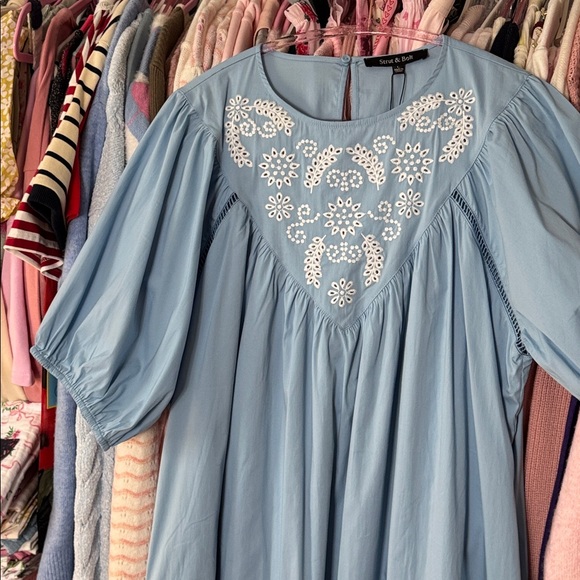 051 • Cornflower Blue Cotton Midi Dress | Boho Baby Doll Eyelet Wheat Embroidery - Picture 9 of 10